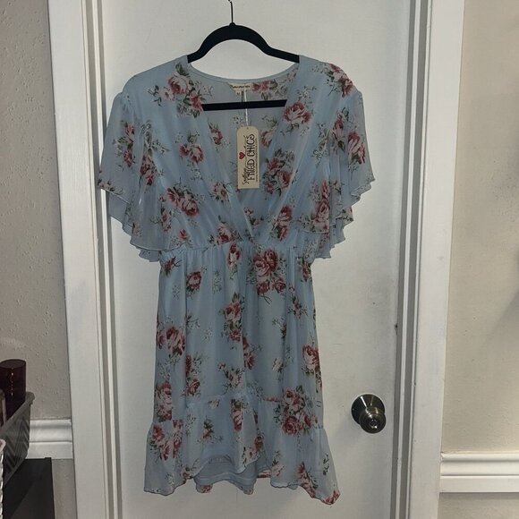 Southern Fried Chics Blue Floral Cottegecore Flutter Sleeve Dress Size Medium - Picture 2 of 7